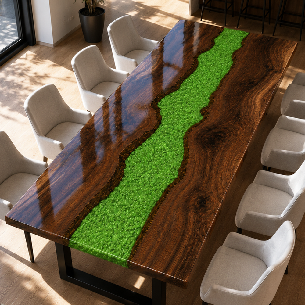 Black Walnut Wood Swirl Green River Epoxy Resin Dining Table