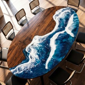 Walnut Wood Ocean Surge Epoxy Resin Oval Table