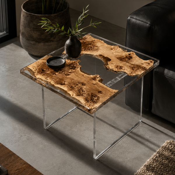 Poplar Wood Square Clear Epoxy Resin Side Table