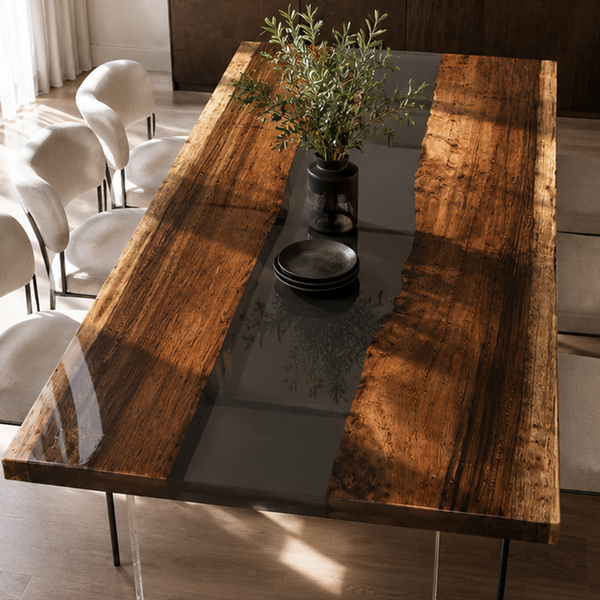 Walnut Wood Black River Transparent Epoxy Resin Dining Table