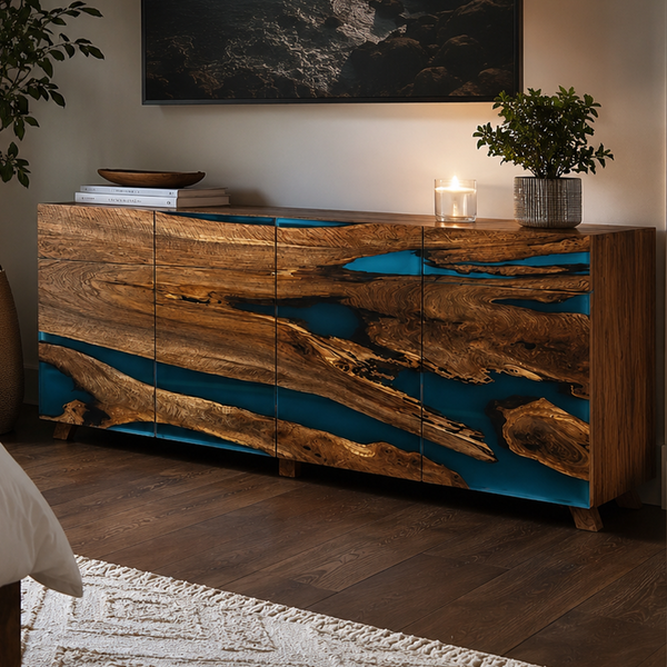 Walnut Ocean Blue River Epoxy Resin Storage Console