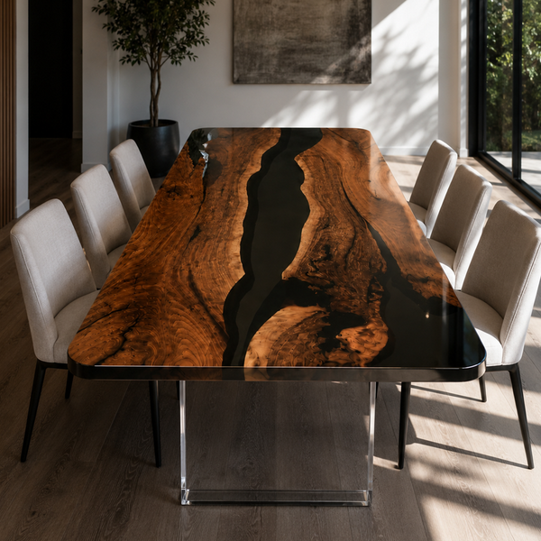 Black Walnut Natural Grain River Epoxy Resin Dining Table