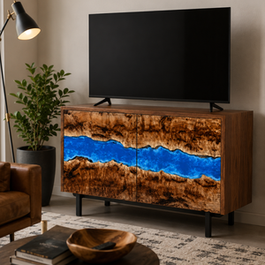 Golden Camphor Burl Blue River Epoxy Resin TV Console