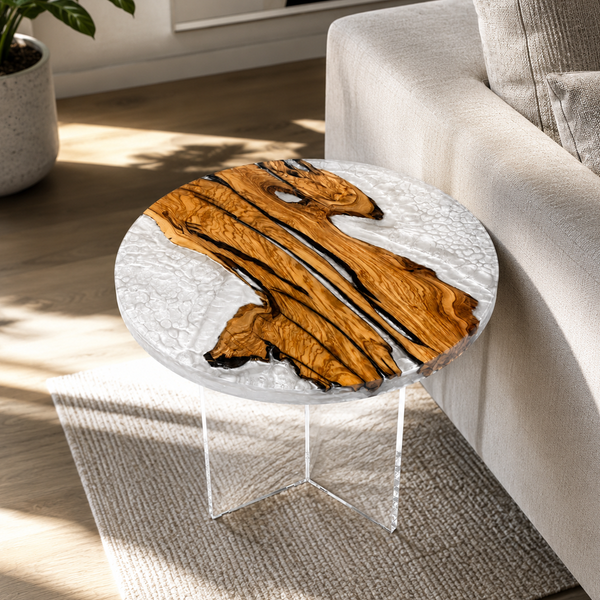 Olive Wood Crystal Tundra Textured Round Epoxy Resin Side Table