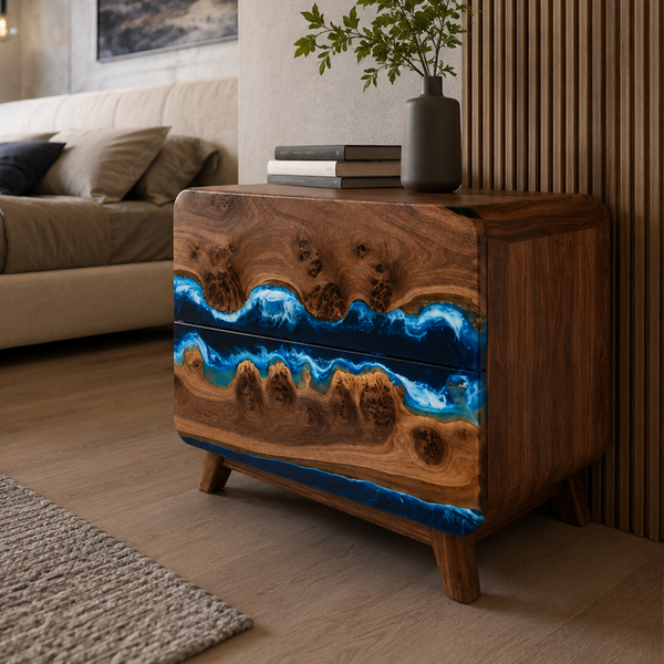 Black Walnut Ocean Flow Bedside Epoxy Resin Nightstand