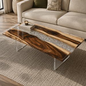 Walnut Crystal Glacier Shattered Ice Epoxy Resin Coffee Table