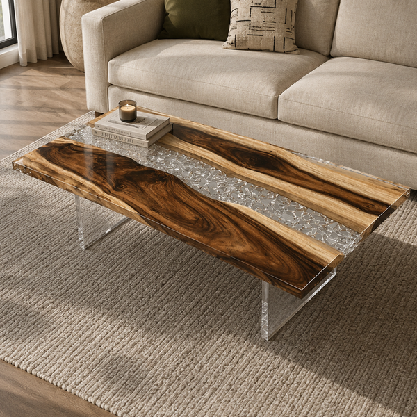 Walnut Crystal Glacier Shattered Ice Epoxy Resin Coffee Table
