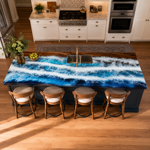 Walnut Wood Ocean Waves Sea Foam Art Epoxy Resin Countertop