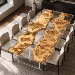Poplar Burl Crystal Clear Floating Island Epoxy Resin Dining Table