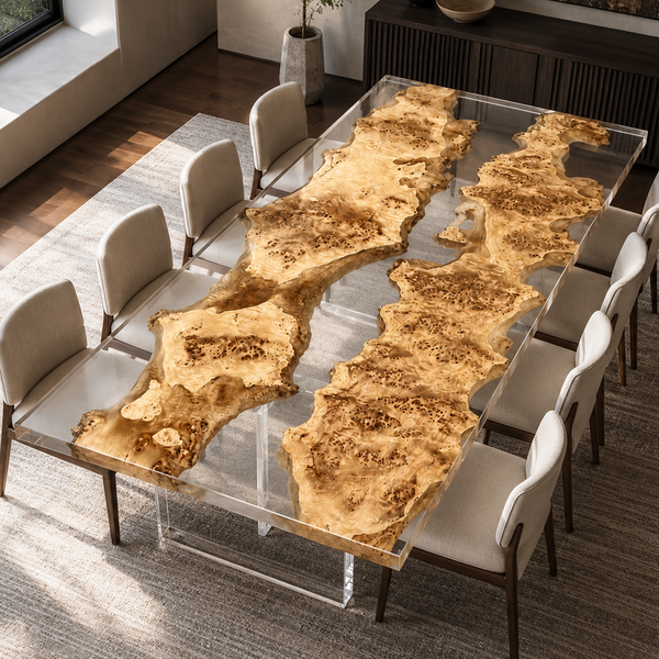 Poplar Burl Crystal Clear Floating Island Epoxy Resin Dining Table