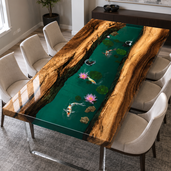 Black Walnut Emerald Jade Aquatic Life Epoxy Resin Dining Table