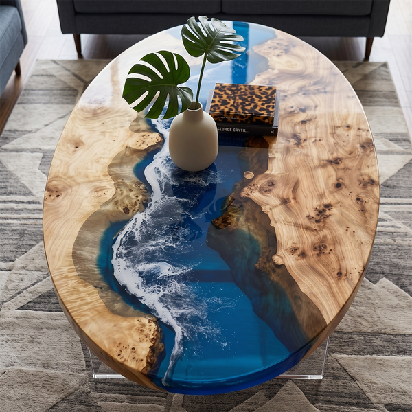 Poplar Ocean Wave Oval Epoxy Resin Coffee Table