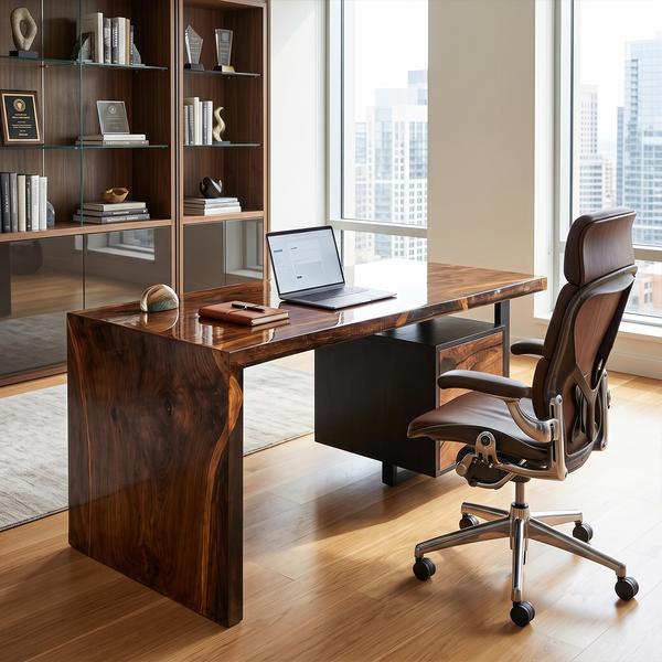Black Walnut Waterfall Executive Storage Epoxy Resin Desk