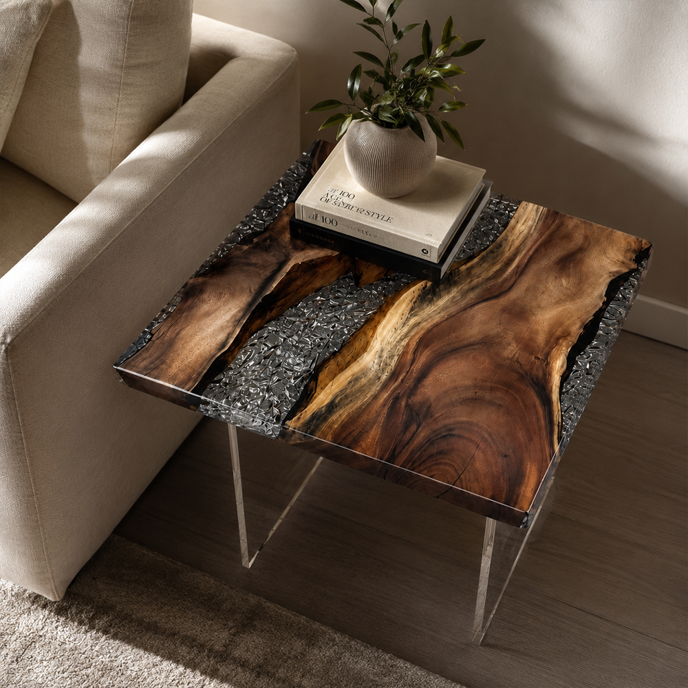 Walnut Crystal Textured Epoxy Resin Side Table