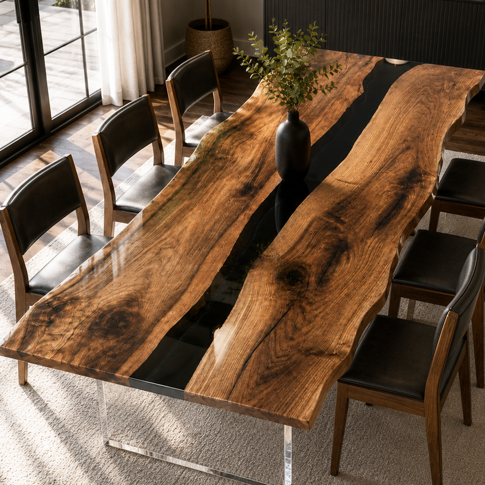 Black Walnut Black River Live Edge Epoxy Resin Dining Table