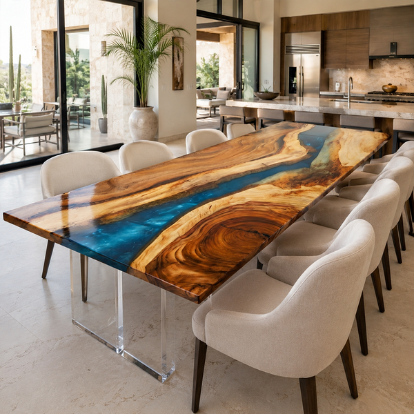 Walnut Vibrant Blue River Epoxy Resin Dining Table