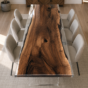 Black Walnut Wood Clear Transparent Rectangular Edge Epoxy Resin Dining Table