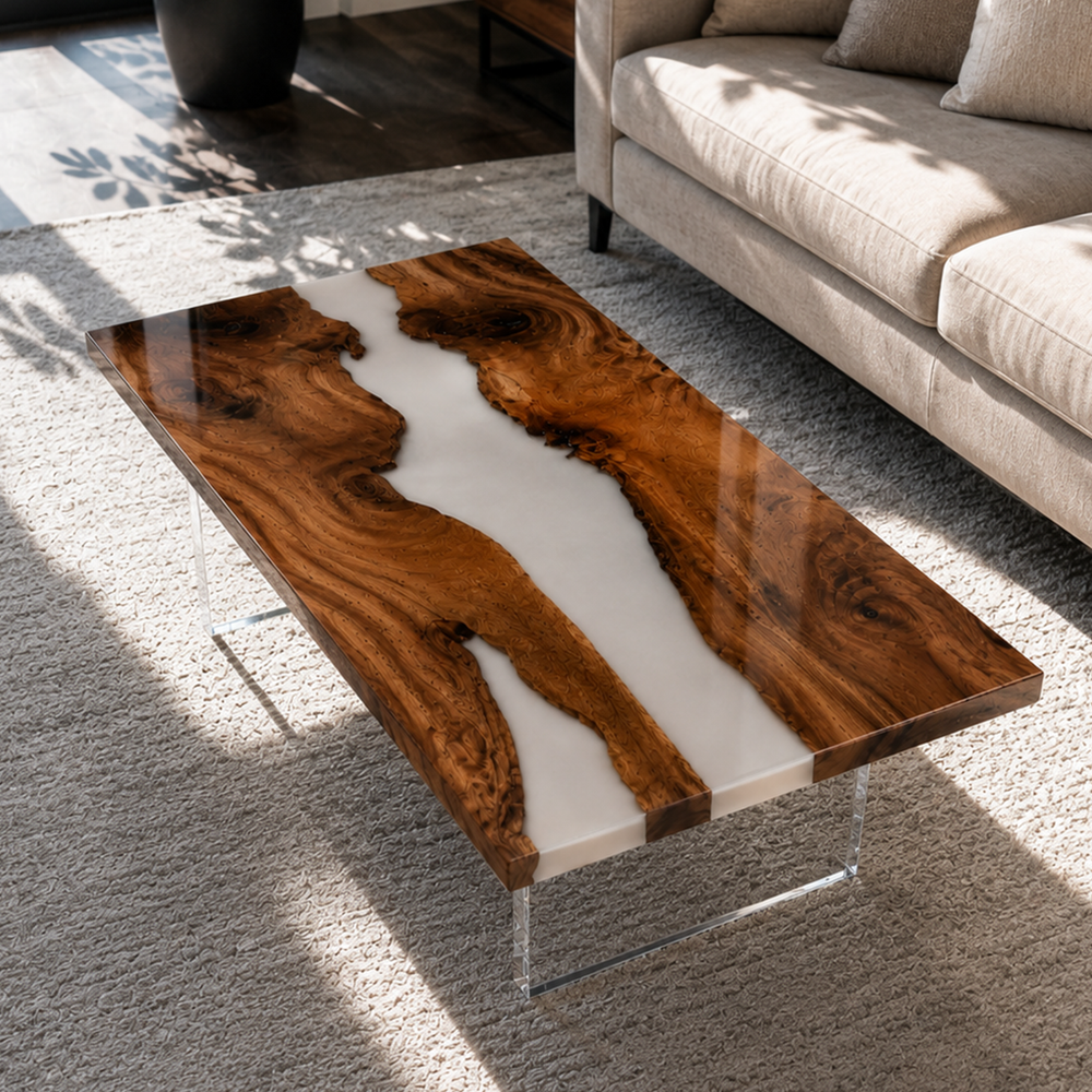 Walnut Natural Grain Milky River Epoxy Resin Coffee Table