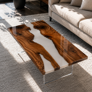 Walnut Natural Grain Milky River Epoxy Resin Coffee Table