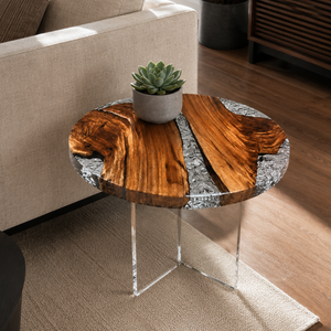 Walnut Glacier Ice Crackle Epoxy Resin Round Side Table
