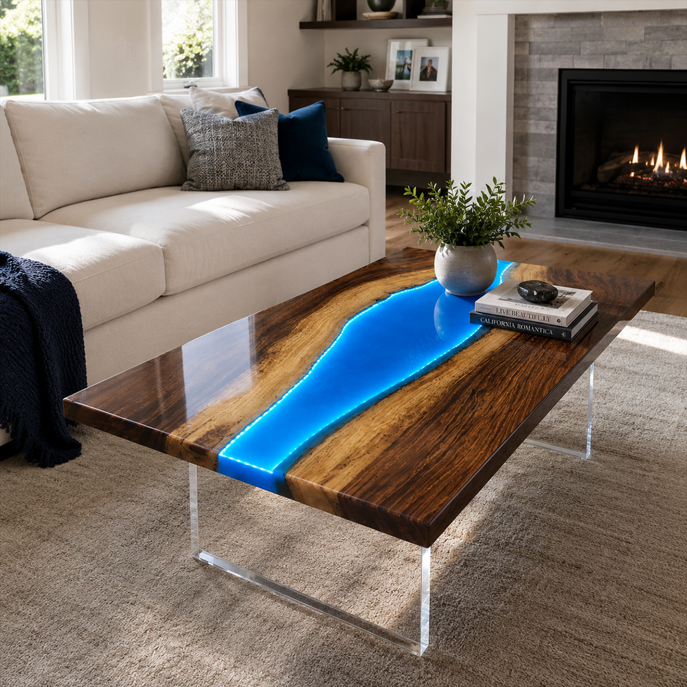 Walnut Luminous Blue River LED Epoxy Resin Coffee Table