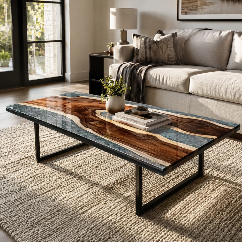Walnut Ocean Wave Ocean Blue Epoxy Resin Coffee Table