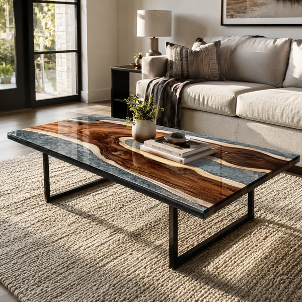 Walnut Ocean Wave Ocean Blue Epoxy Resin Coffee Table