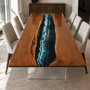 Elevated product view of Black Walnut Wood Deep Ocean Wave epoxy Dining Table.