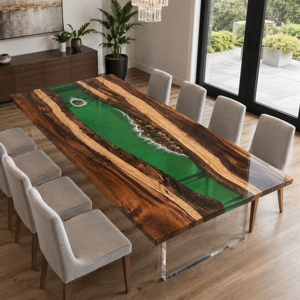 Walnut Coastal Pebble Green Island Epoxy Resin Dining Table