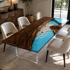 71" × 35.5" × 2" Walnut Wood Sea Coast Flow Epoxy Resin Dining Table
