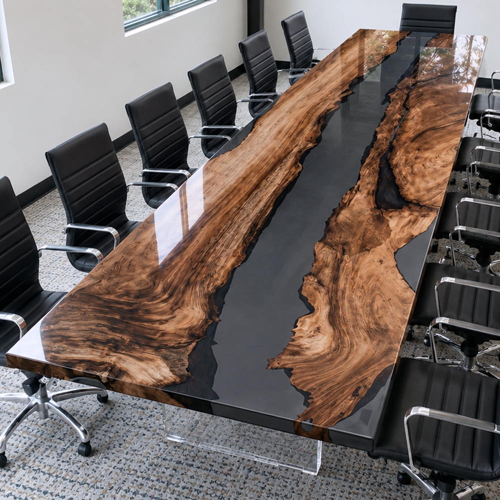 Black Walnut High-Gloss Black Transparent Epoxy Resin Conference Table