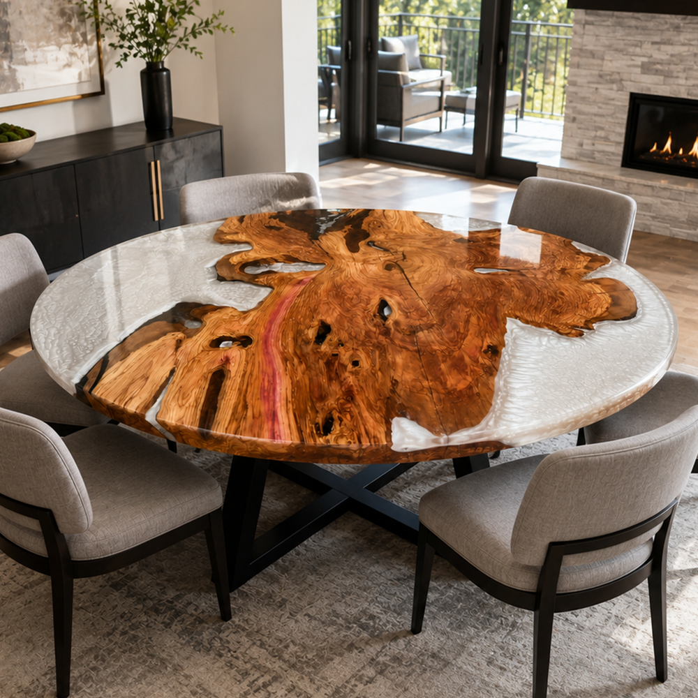 Olive Wood Crystal Round Epoxy Resin Dining Table