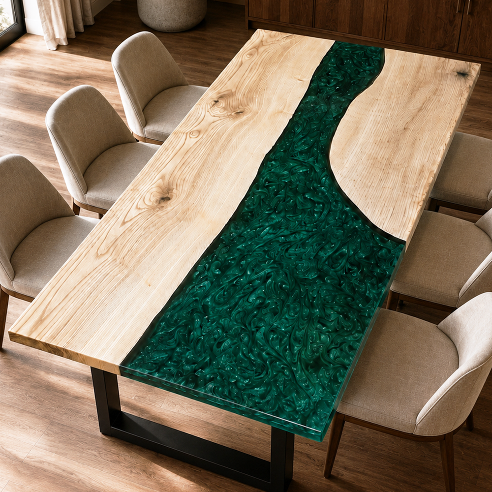 Ash Wood Swirl Green Epoxy Resin Dining Table
