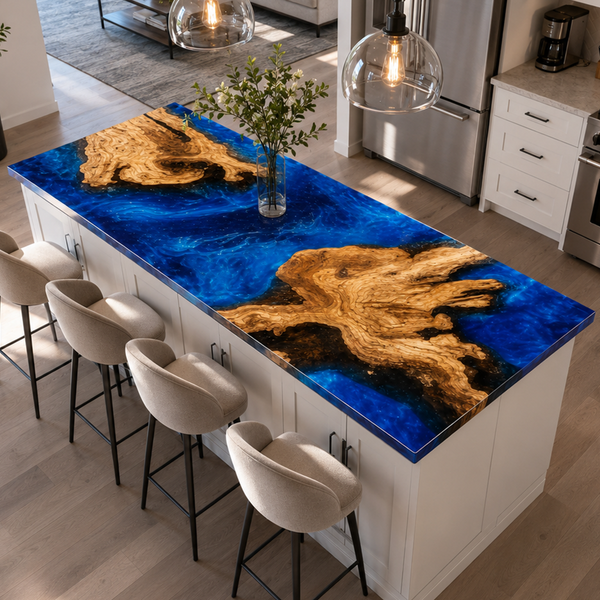 Olive Wood Ocean Blue Burl Epoxy Resin Countertop