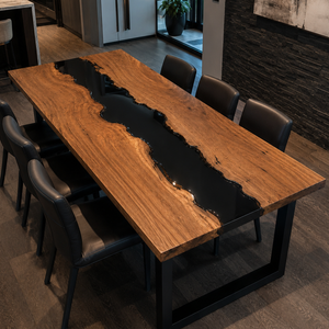 Black Walnut Wood Handcrafted Black River Epoxy Resin Dining Table
