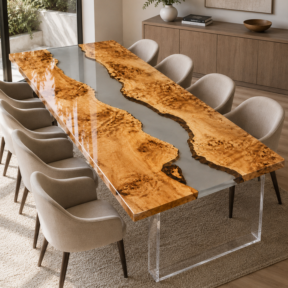 Poplar Burl Golden Cluster Translucent Epoxy Resin Dining Table