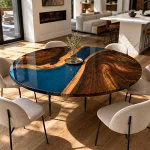 Black Walnut Winding River High-Gloss Blue Epoxy Resin Round Table