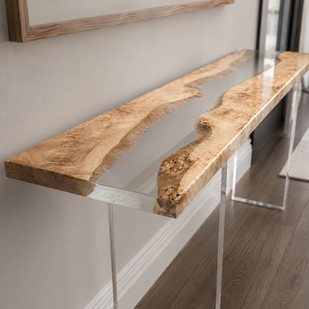 Poplar Burl River Clear Epoxy Resin Console Table