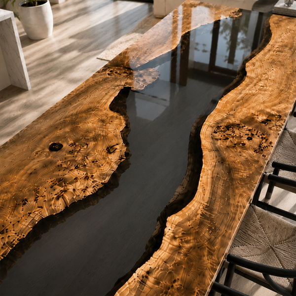 Poplar Burl Black Transparent Epoxy Resin Waterfall Table