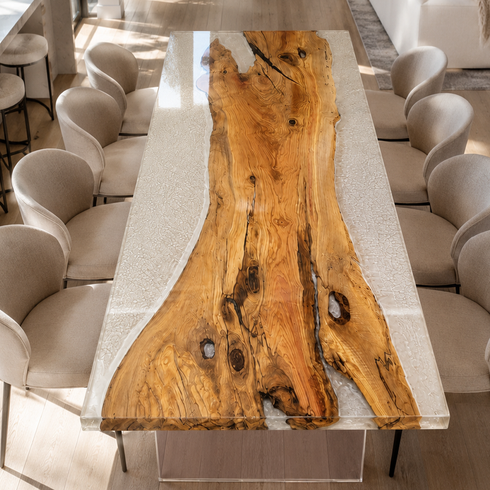 Olive Wood Icebound Organic Epoxy Resin Dining Table