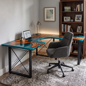 Walnut Wood L-Shaped Ocean Blue Flow Epoxy Resin Desk Table
