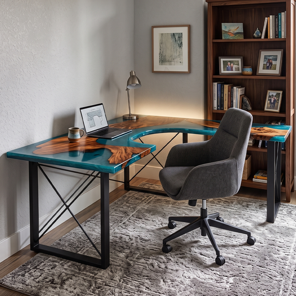 Walnut Wood L-Shaped Ocean Blue Flow Epoxy Resin Desk Table
