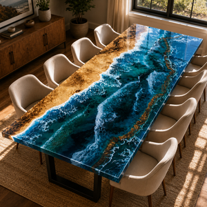 Poplar Wood Sea Wave Fluorescent Epoxy Table
