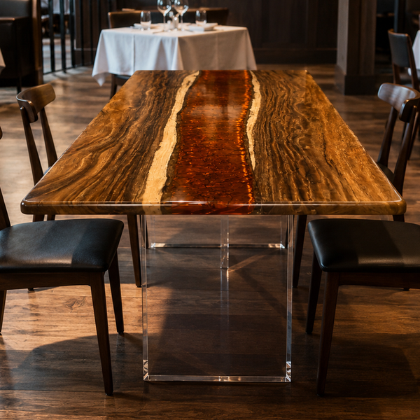 96" × 42" × 2" Walnut Amber Red River Epoxy Resin Dining Table