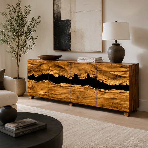 Walnut Wood Black River Inlay Credenza Epoxy Resin Storage