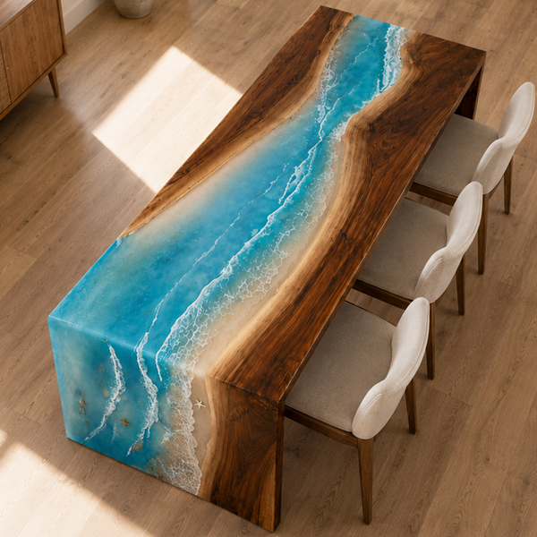 Walnut Coastal Tide Epoxy Resin Waterfall Table