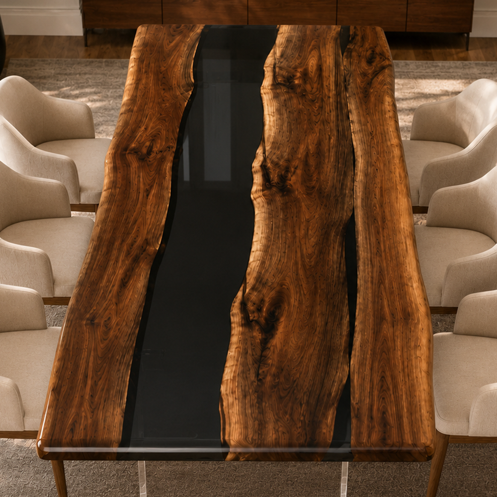 Black Walnut Obsidian Transparent Epoxy Resin Dining Table