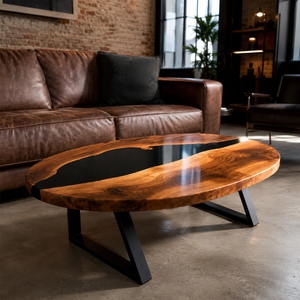 Walnut Black River Epoxy Resin Oval Coffee Table