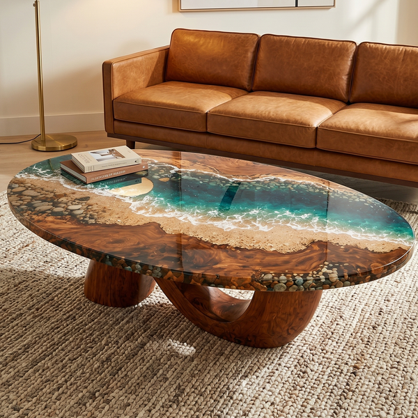 Walnut Wood Oceanic Shoreline Epoxy Resin Oval Coffee Table