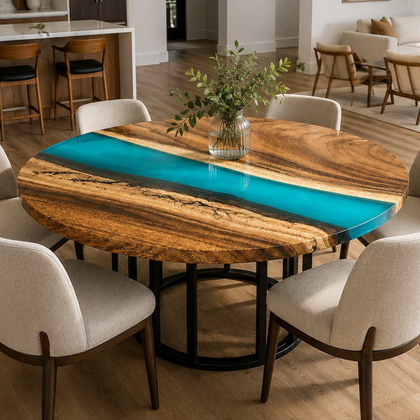 Walnut Blue River Transparent Epoxy Resin Round Dining Table